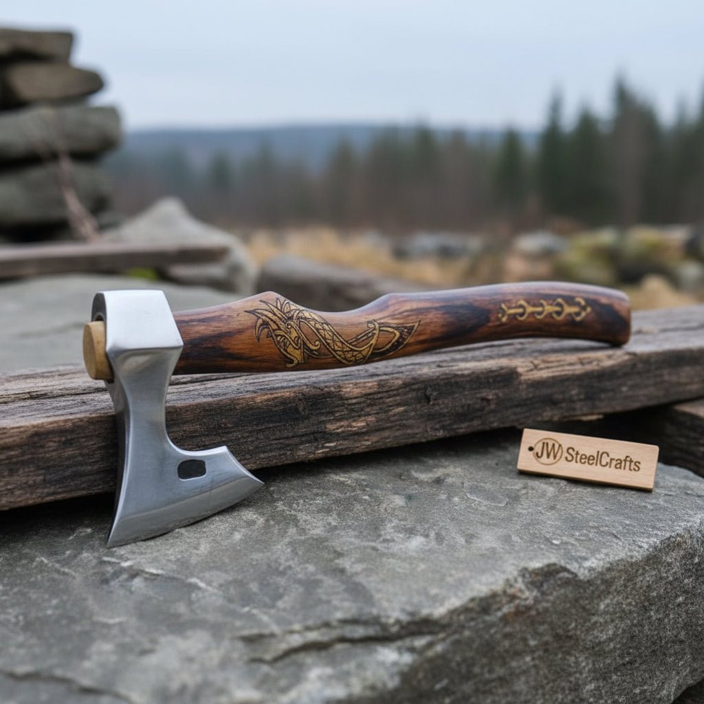 Hand Forged Damascus Steel Viking Axe – 18” Bearded Bushcraft Hatchet with Hardwood Handle | JW SteelCrafts
