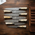Hand-Forged Damascus Western Chef & Carving Knife Set (7 pcs) – Full Tang, Camel Bone Handles, Leather Roll