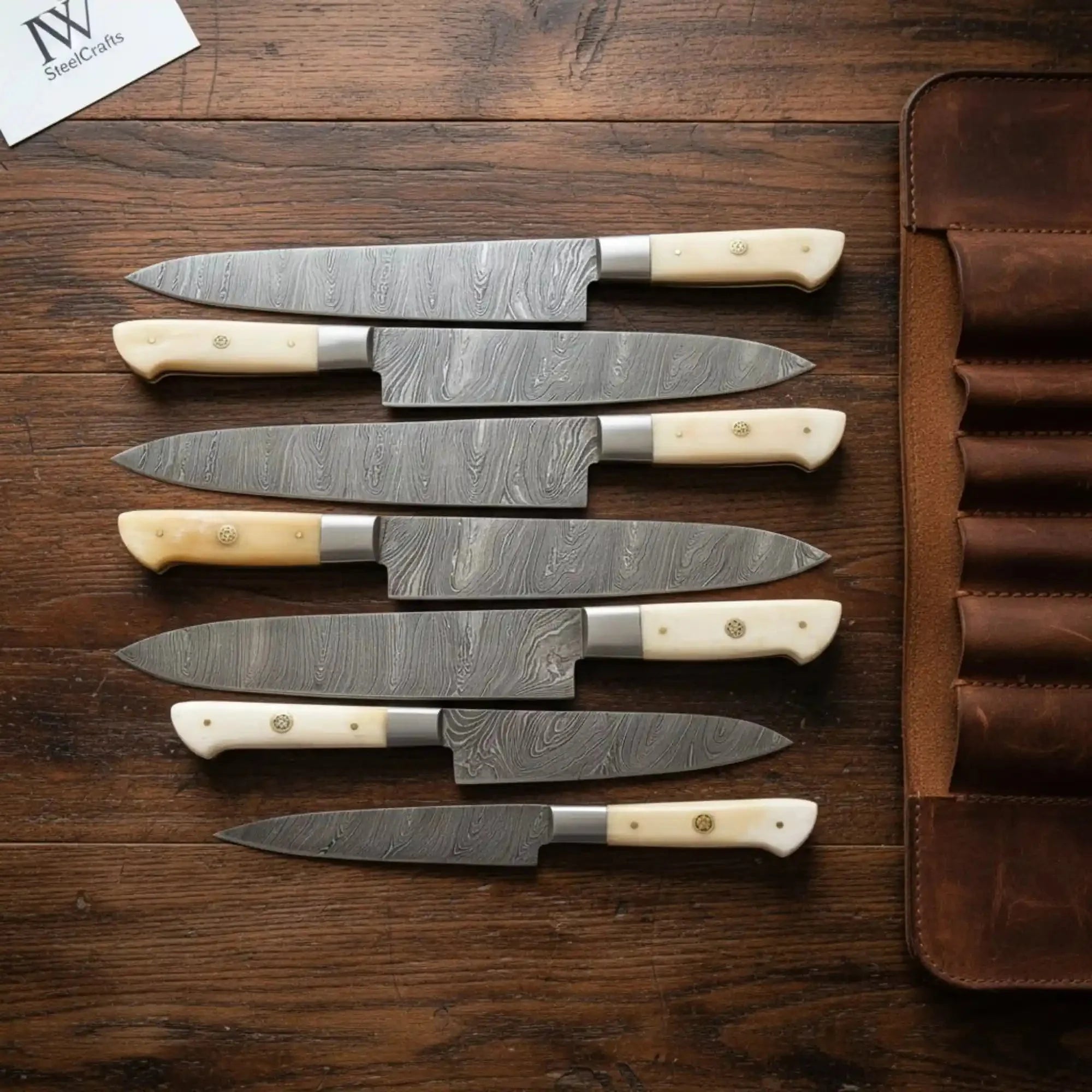 Hand-Forged Damascus Western Chef & Carving Knife Set (7 pcs) – Full Tang, Camel Bone Handles, Leather Roll