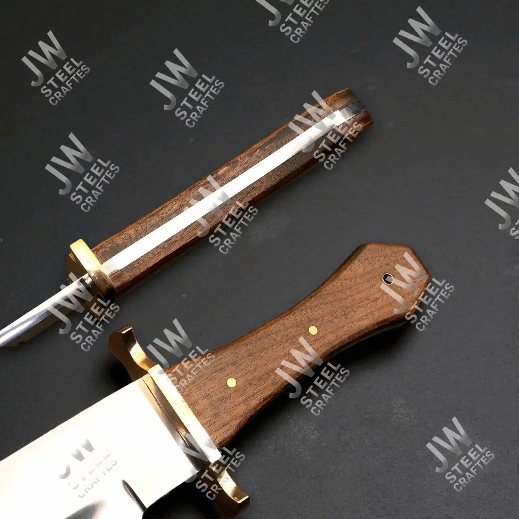 Hand Forged High Carbon Steel Bowie Knife, Clip Point Frontier Style Fixed Blade, Brass Guard, Rosewood Handle, Leather Sheath, JW SteelCrafts