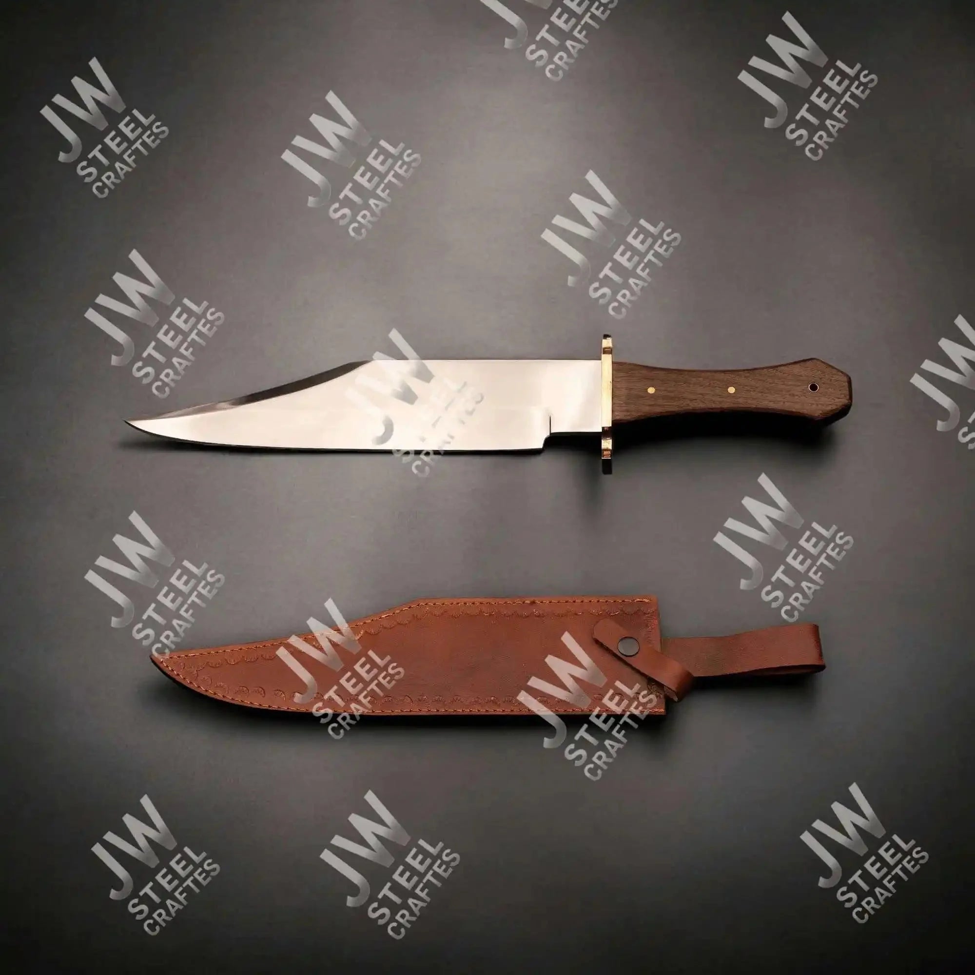 Hand Forged High Carbon Steel Bowie Knife, Clip Point Frontier Style Fixed Blade, Brass Guard, Rosewood Handle, Leather Sheath, JW SteelCrafts