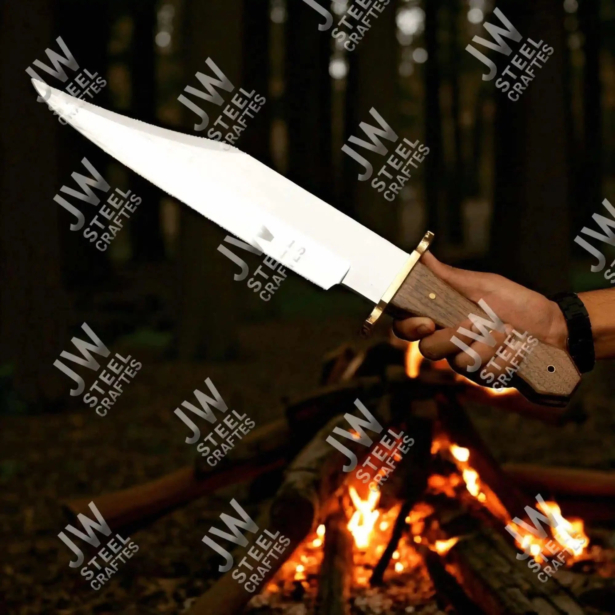 Hand Forged High Carbon Steel Bowie Knife, Clip Point Frontier Style Fixed Blade, Brass Guard, Rosewood Handle, Leather Sheath, JW SteelCrafts