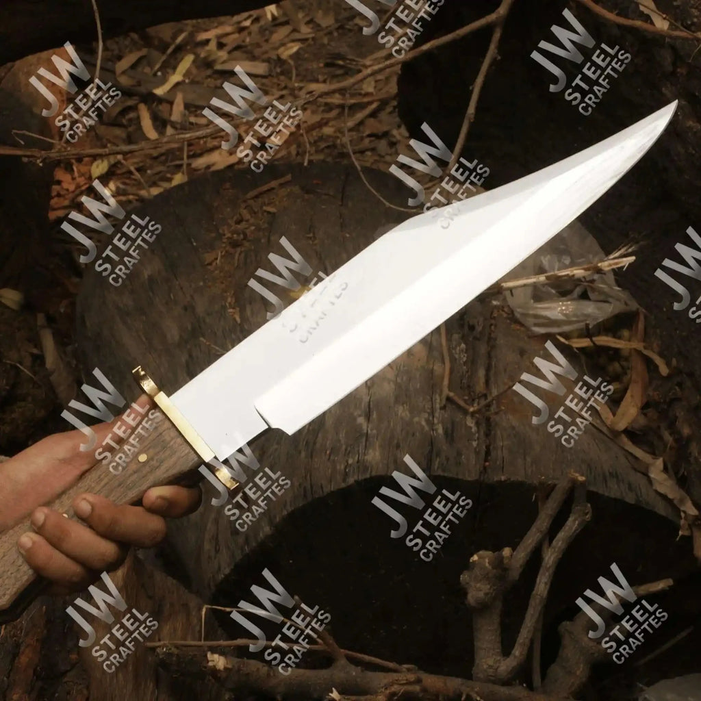 Hand Forged High Carbon Steel Bowie Knife, Clip Point Frontier Style Fixed Blade, Brass Guard, Rosewood Handle, Leather Sheath, JW SteelCrafts