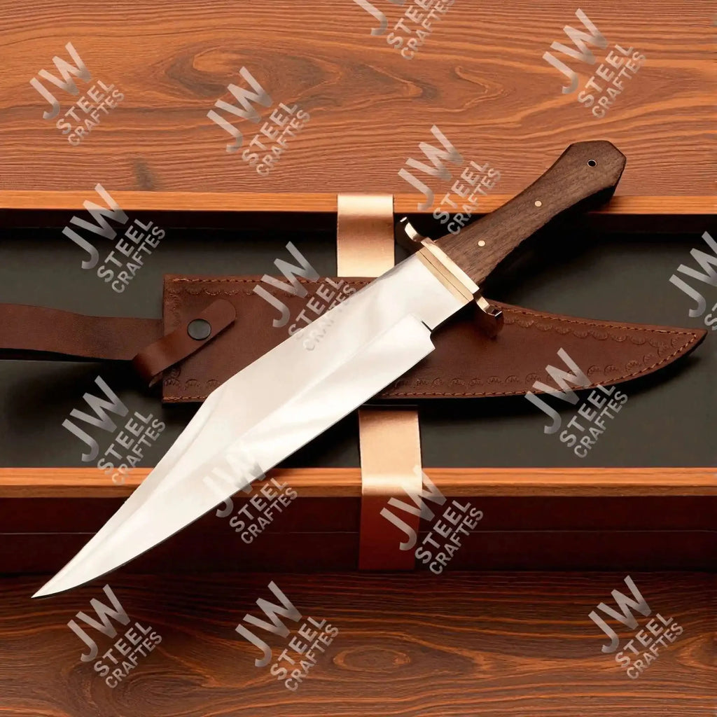 Hand Forged High Carbon Steel Bowie Knife, Clip Point Frontier Style Fixed Blade, Brass Guard, Rosewood Handle, Leather Sheath, JW SteelCrafts