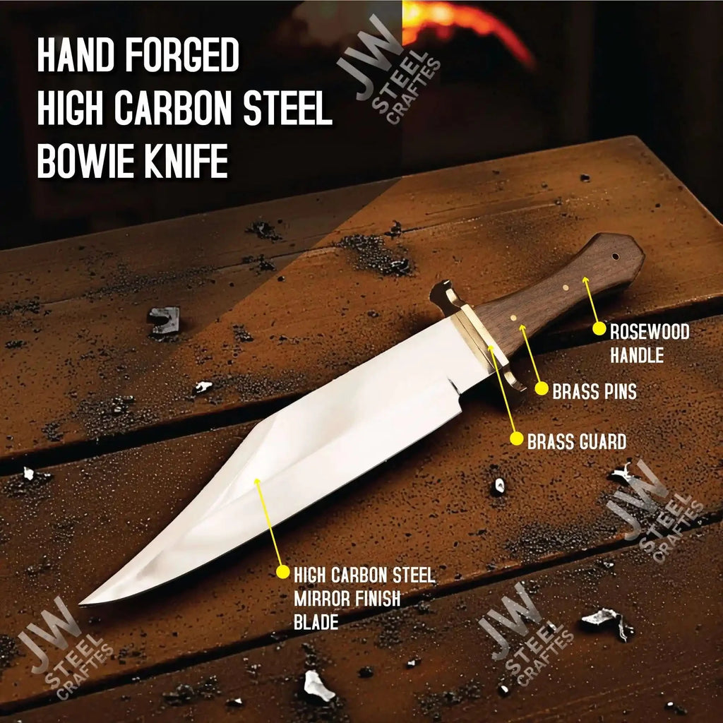 Hand Forged High Carbon Steel Bowie Knife, Clip Point Frontier Style Fixed Blade, Brass Guard, Rosewood Handle, Leather Sheath, JW SteelCrafts
