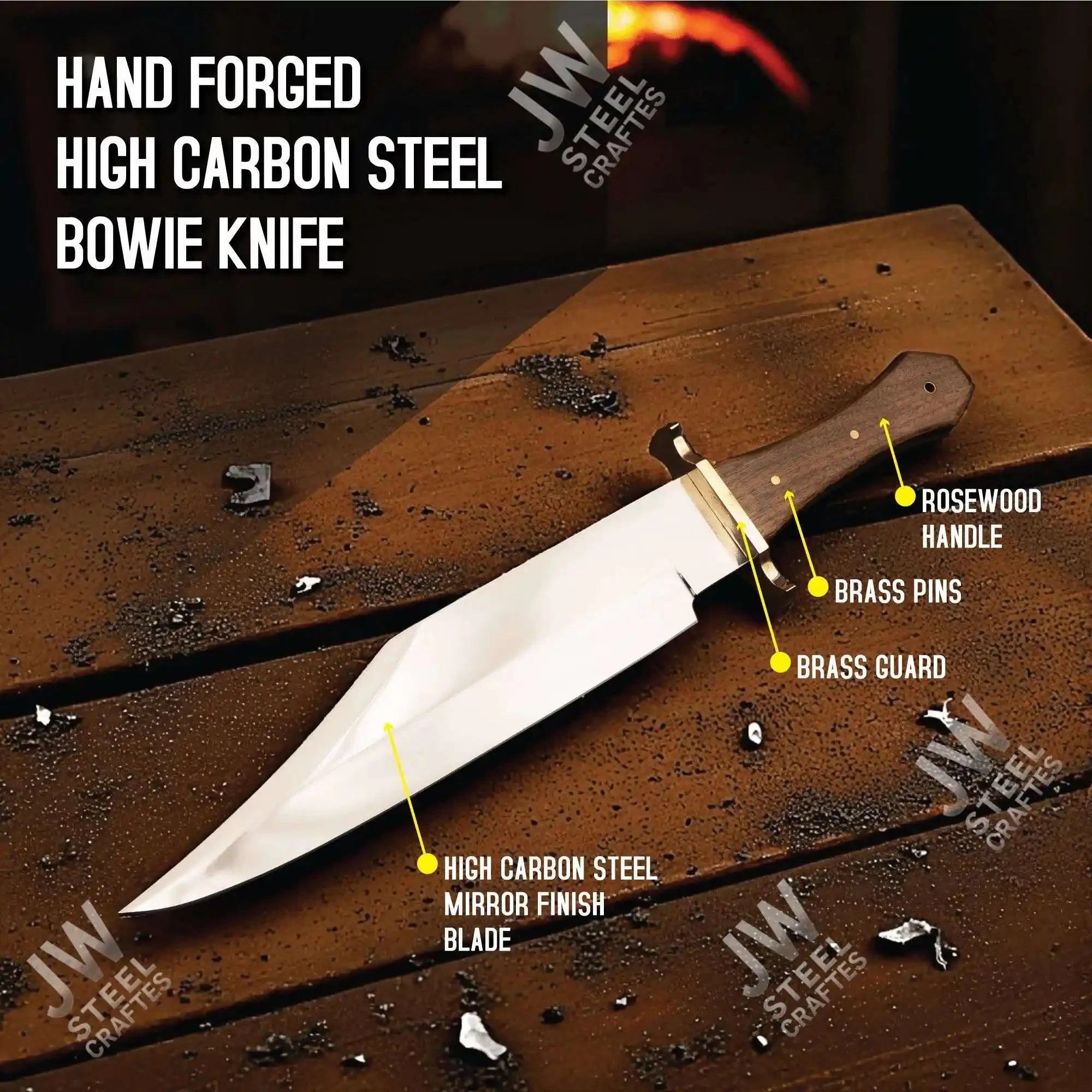 Hand Forged High Carbon Steel Bowie Knife, Clip Point Frontier Style Fixed Blade, Brass Guard, Rosewood Handle, Leather Sheath, JW SteelCrafts