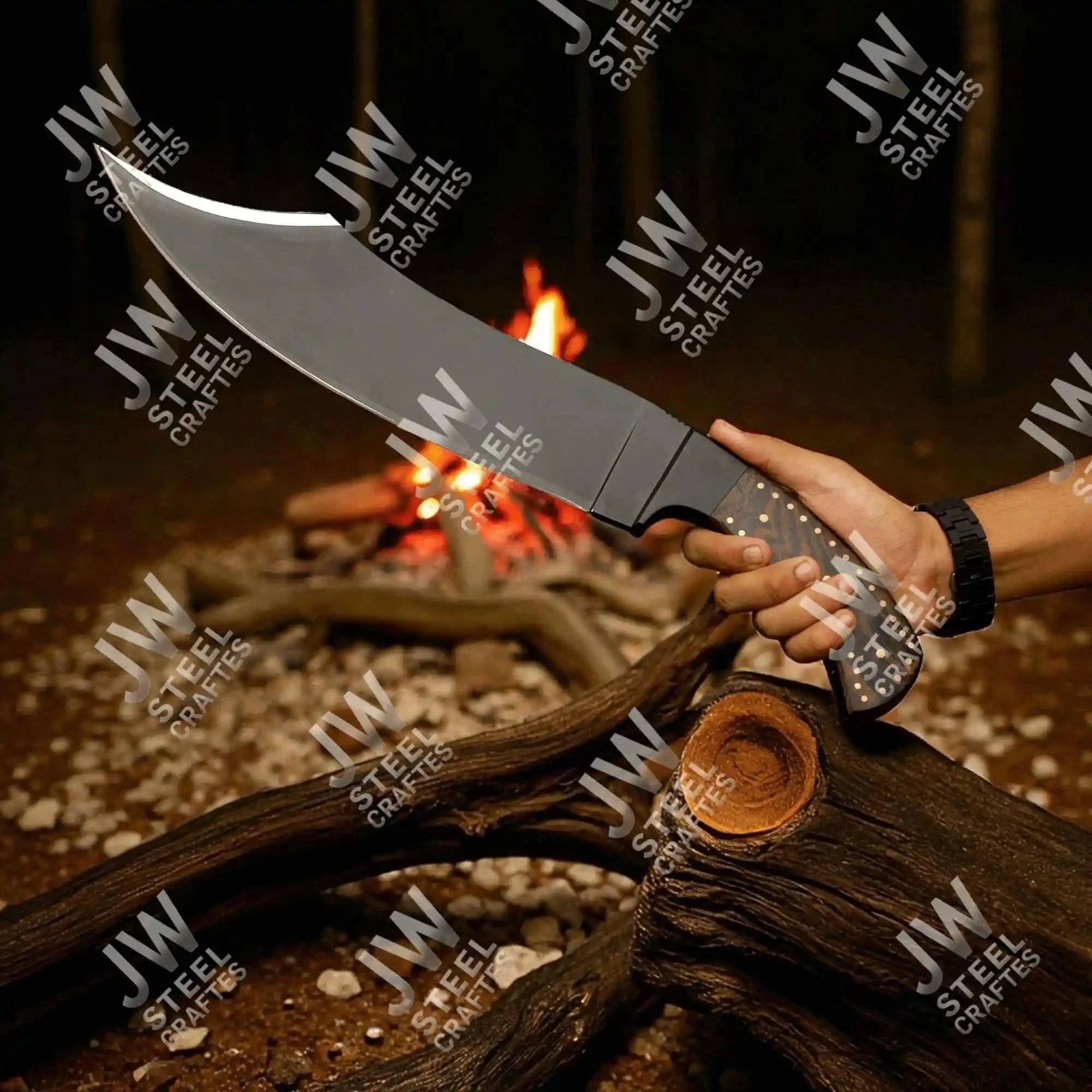 Hand Forged High Carbon Steel Persian-Style Bowie Knife, Upswept Trailing Point Blade, Pakka Wood Handle, JW SteelCrafts