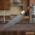 Hand-Forged Ladder Pattern Damascus Kiritsuke Kitchen Knife with Steel Bolster & Pakka Wood