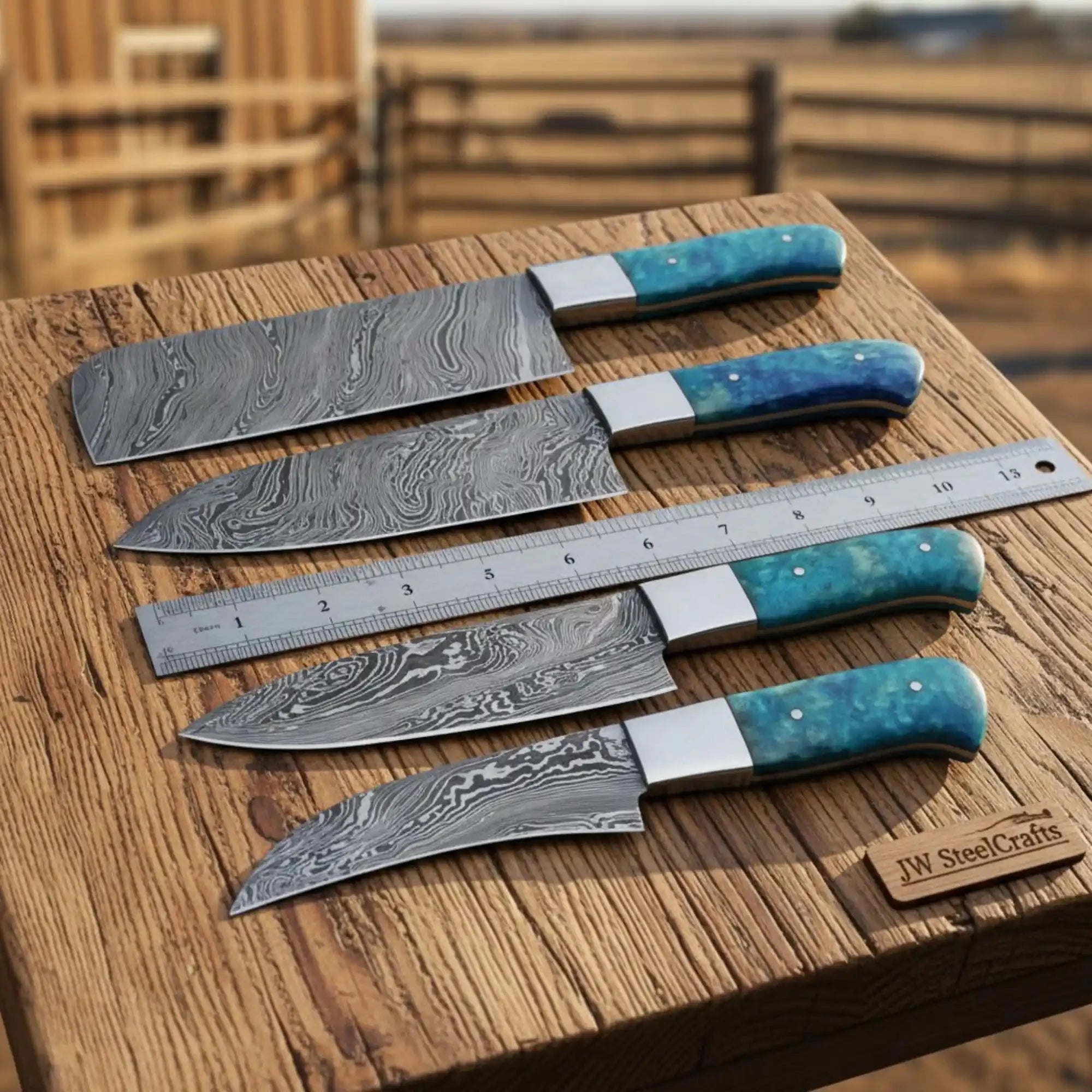 Hand-Forged Twisted Damascus Chef Knife Set — Nakiri Style, Blue Resin Handle, Steel Bolster