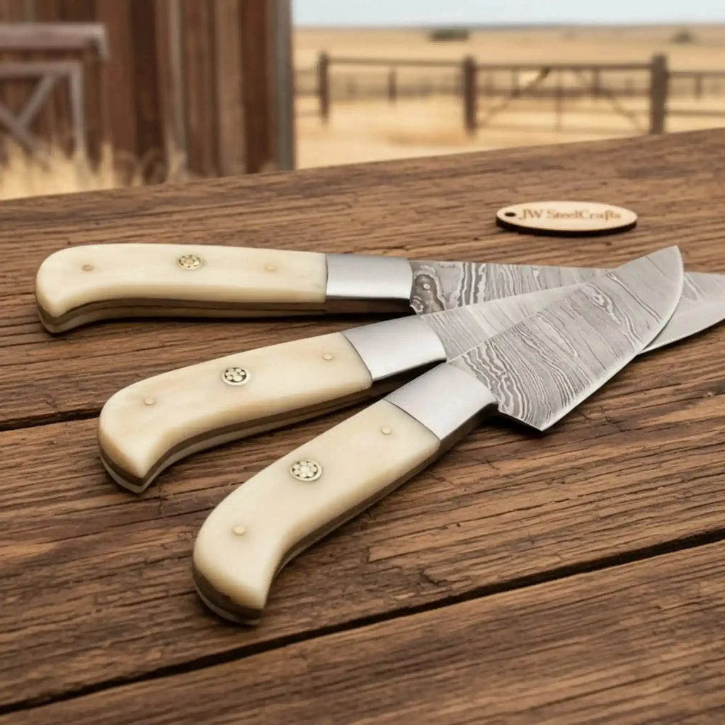 Hand-Forged Twisted Damascus Steak Knife Set (4 pcs) — Steel Bolster, Full Tang Construction