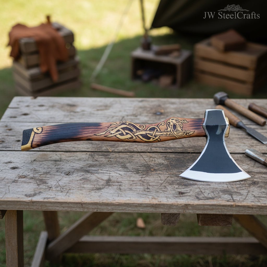 Hand-Forged Viking Bearded Camp Axe with Engraved Hardwood Handle