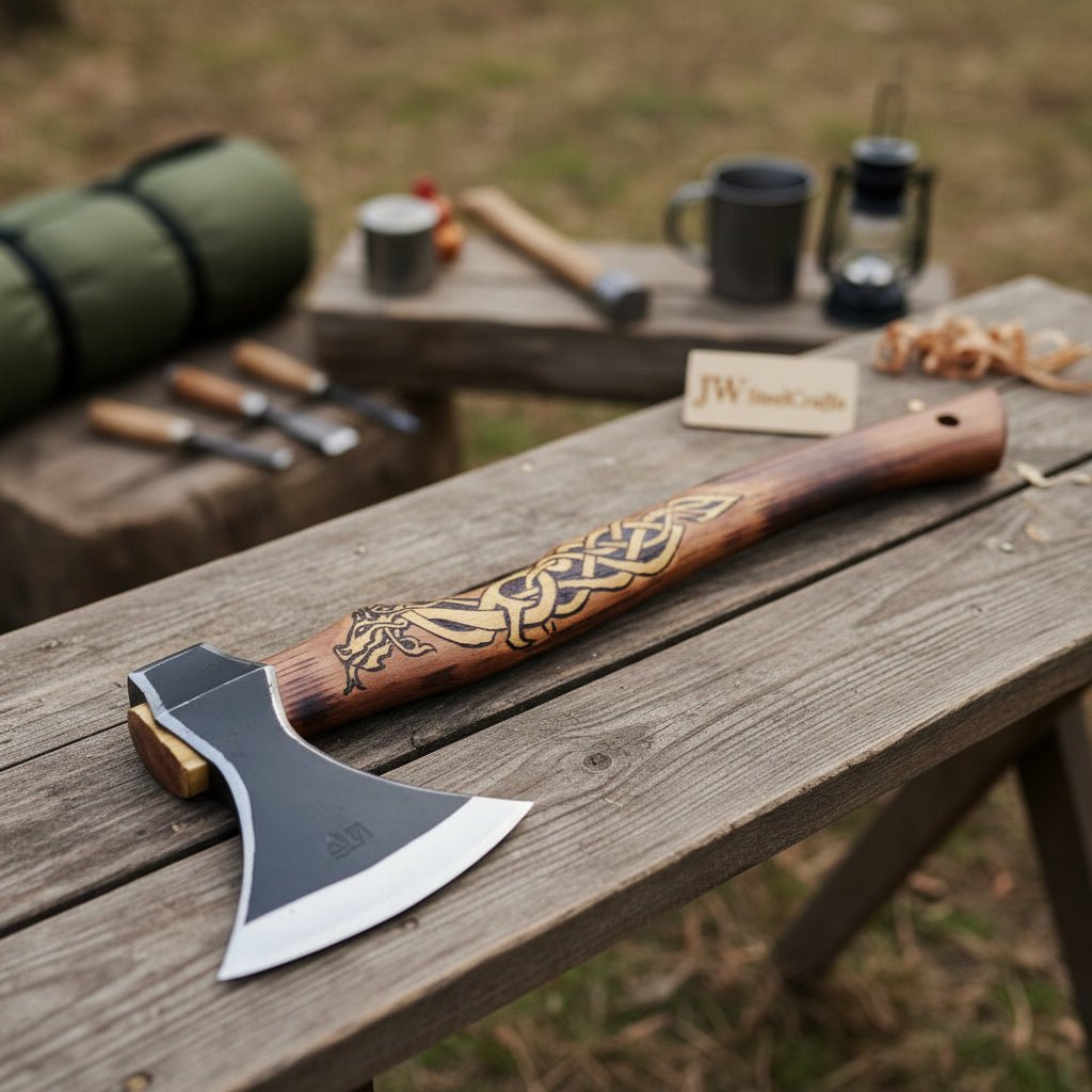 Hand-Forged Viking Bearded Camp Axe with Engraved Hardwood Handle