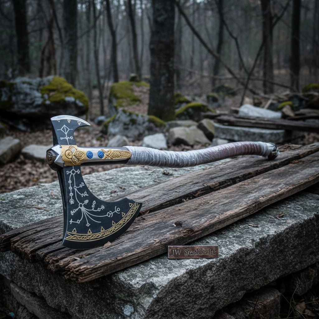 Hand-Forged Viking Double-Bit Fantasy Display Axe with Engraved Head