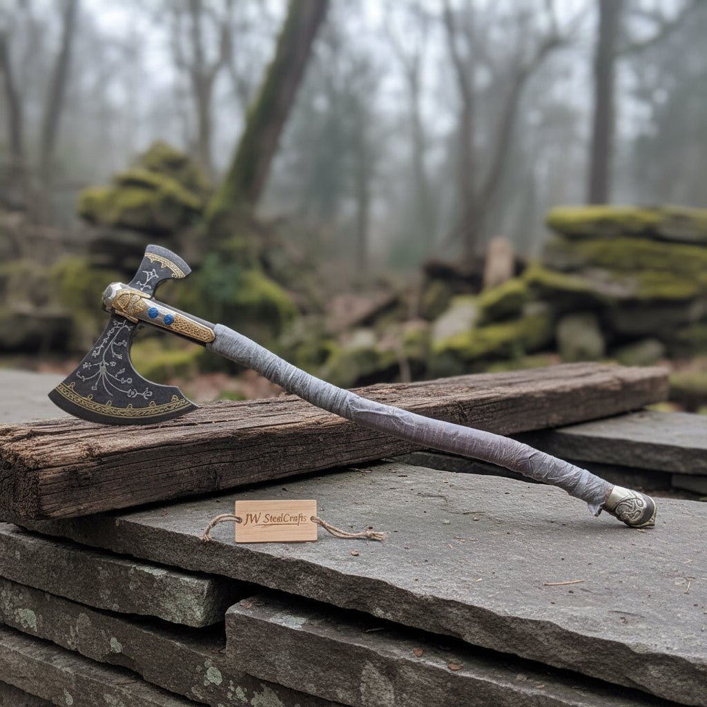 Hand-Forged Viking Double-Bit Fantasy Display Axe with Engraved Head