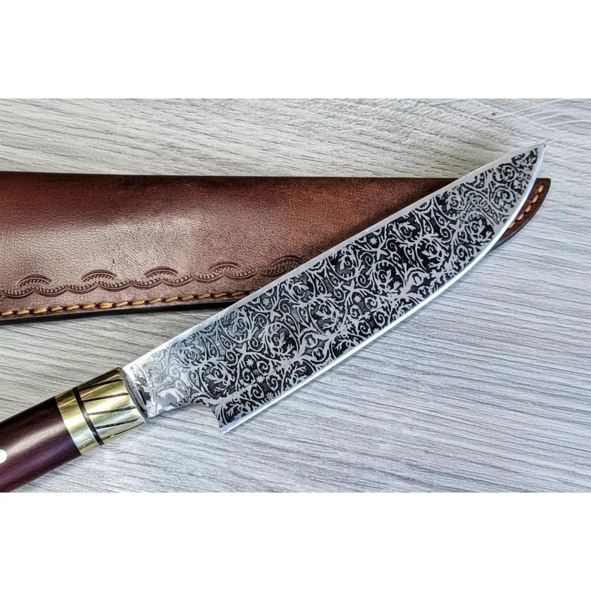 Handcrafted 8” Japanese-Style Gyuto Chef Knife — Acid-Etched Blade, Rosewood Handle with Brass