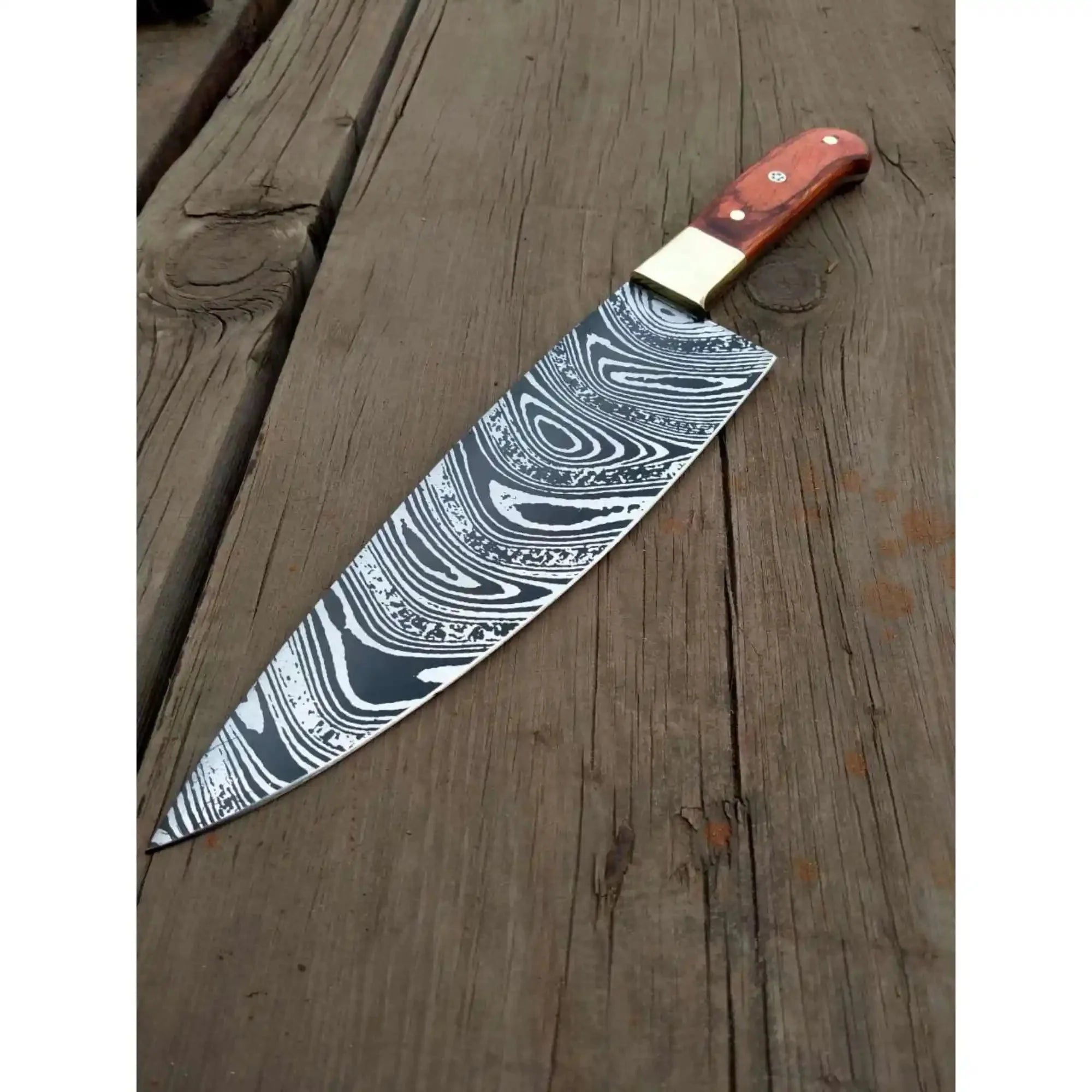 Handcrafted 8” Twisted Damascus Gyuto Chef Knife — Red Pakka Wood Handle with Solid Brass Bolster