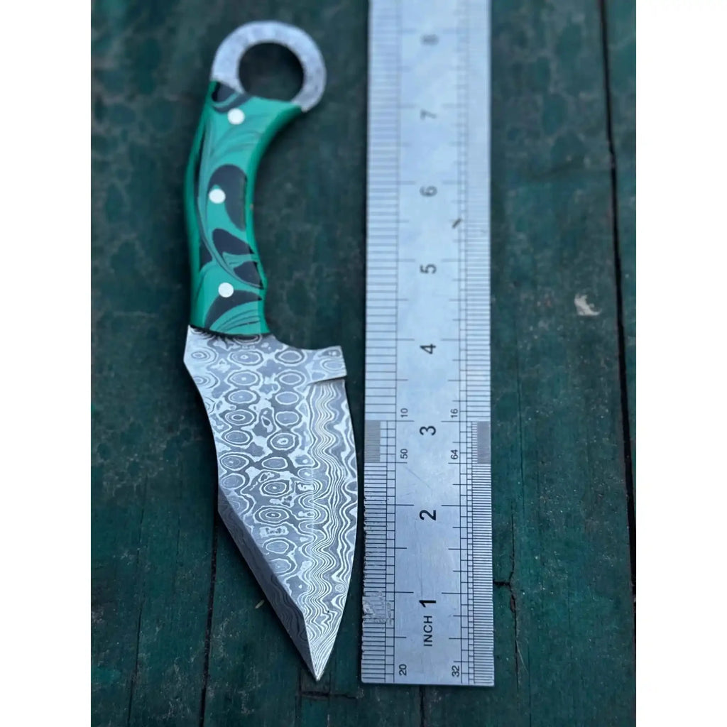 Handcrafted Damascus Steel Ring Handle Outdoor Utility Knife – Resin Grip – JW SteelCrafts