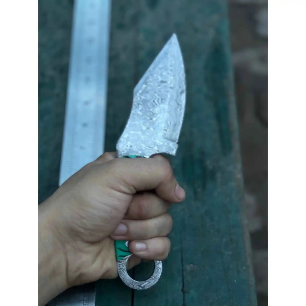 Handcrafted Damascus Steel Ring Handle Outdoor Utility Knife – Resin Grip – JW SteelCrafts