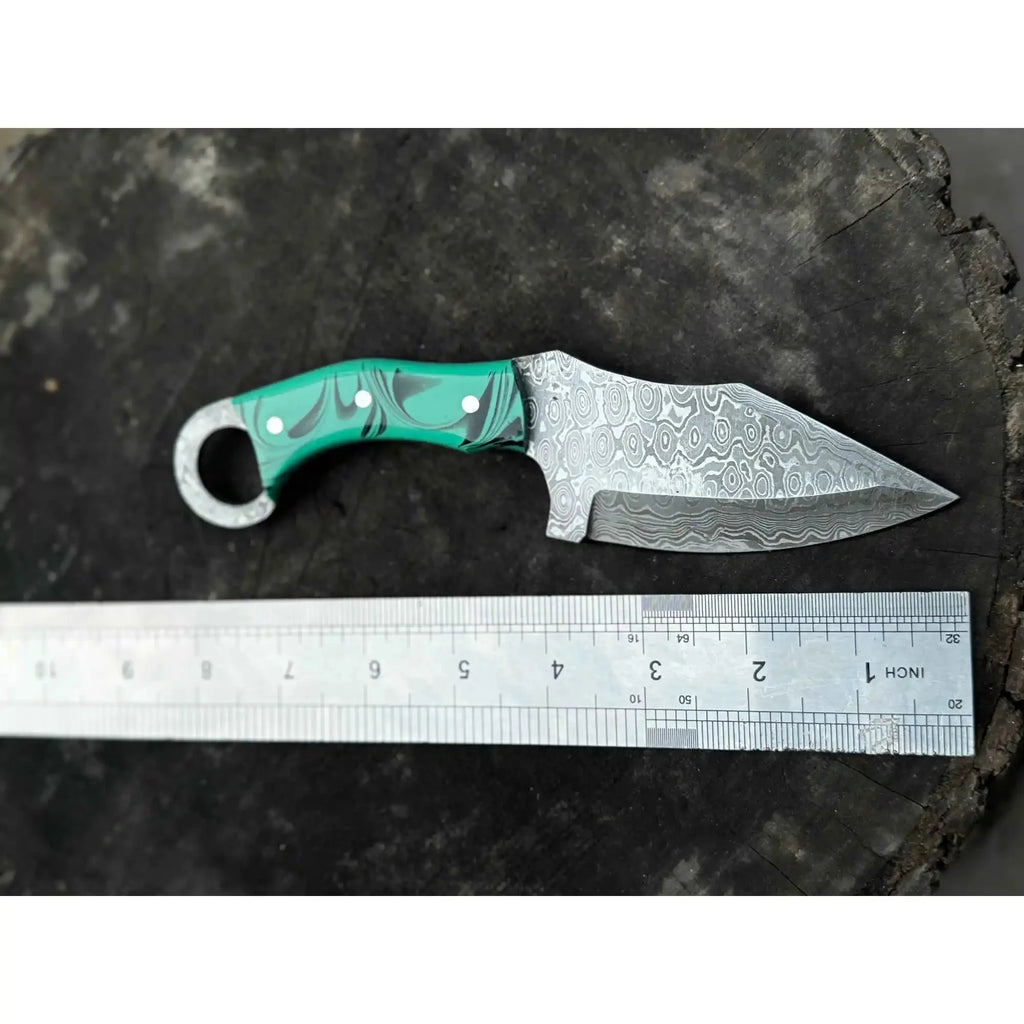 Handcrafted Damascus Steel Ring Handle Outdoor Utility Knife – Resin Grip – JW SteelCrafts