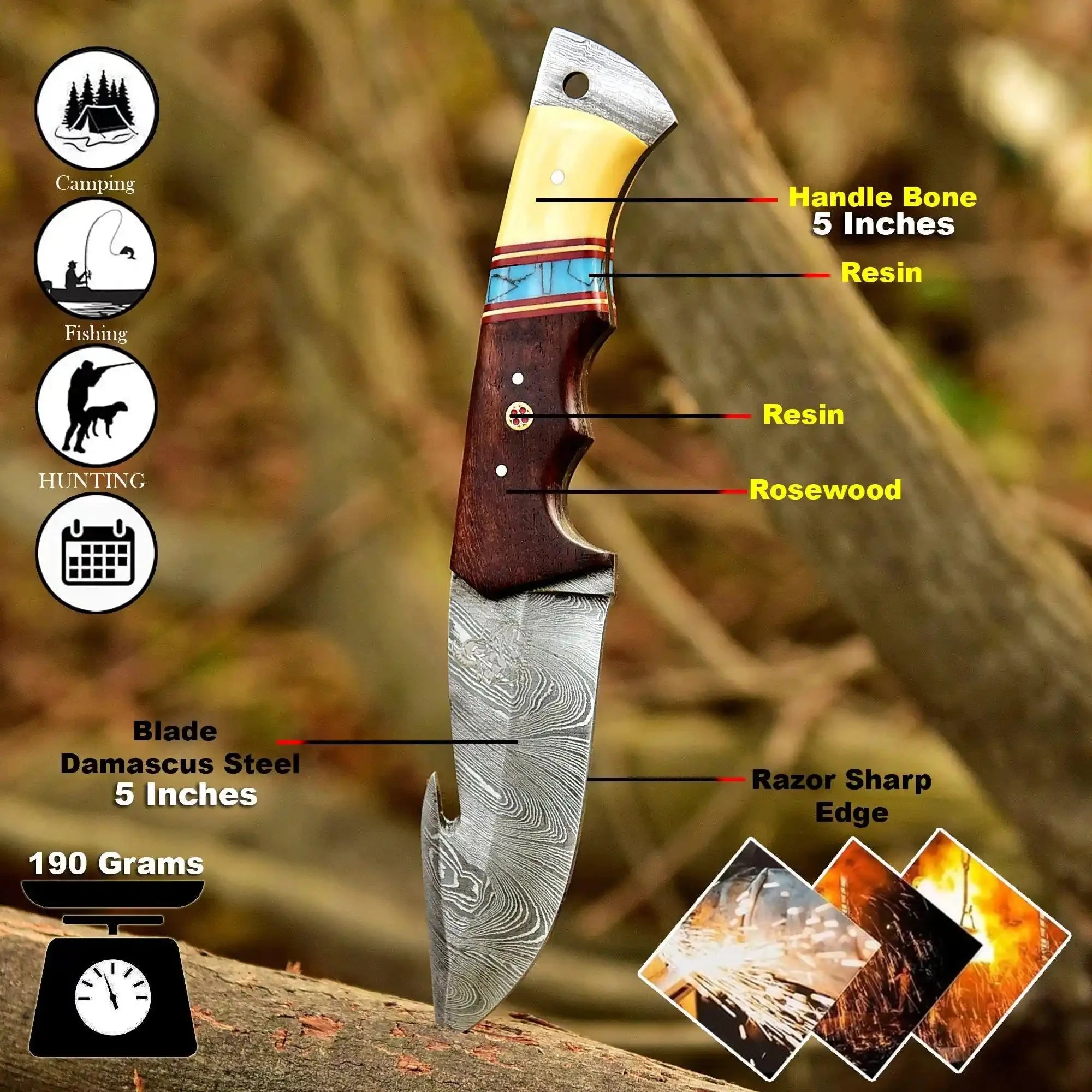 Handcrafted Damascus Steel Ring Handle Outdoor Utility Knife – Resin Grip – JW SteelCrafts