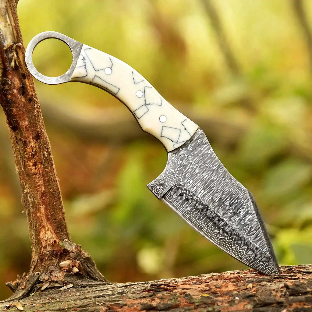 Handcrafted Damascus Steel Ring Handle Outdoor Utility Knife – Resin Grip – JW SteelCrafts