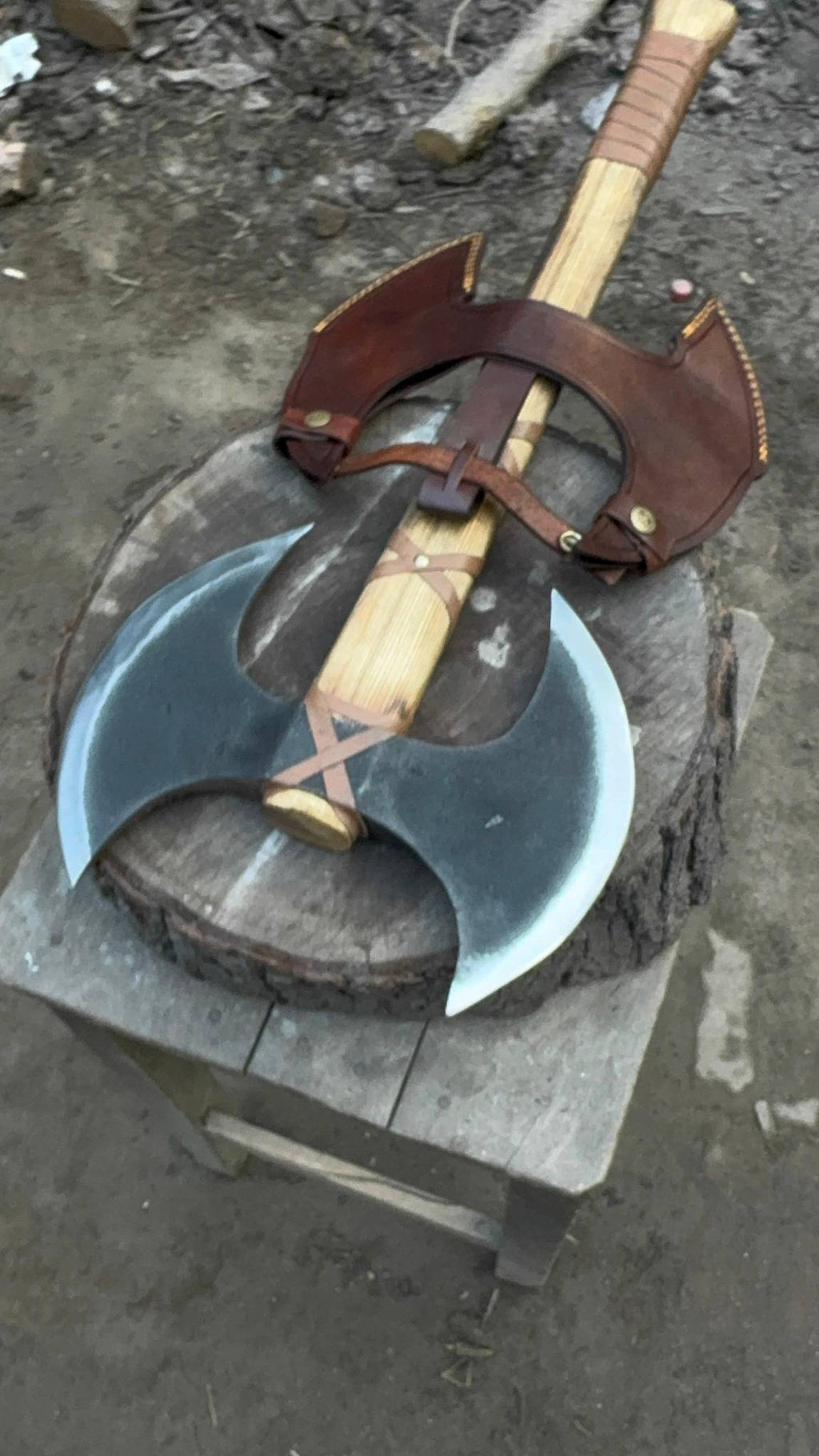 Handcrafted Double-Head Decorative Axe with Wooden Handle – JW SteelCrafts