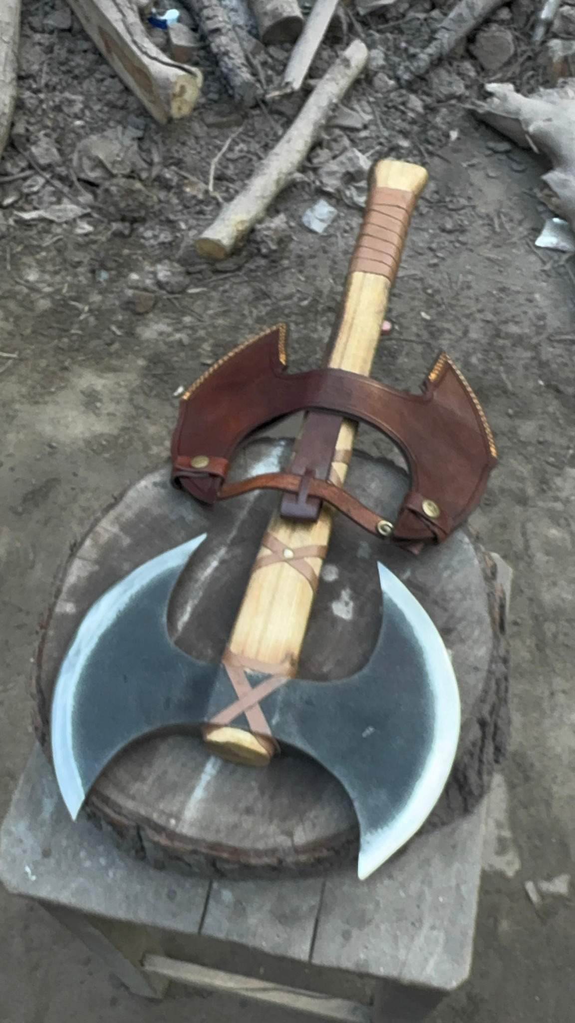 Handcrafted Double-Head Decorative Axe with Wooden Handle – JW SteelCrafts