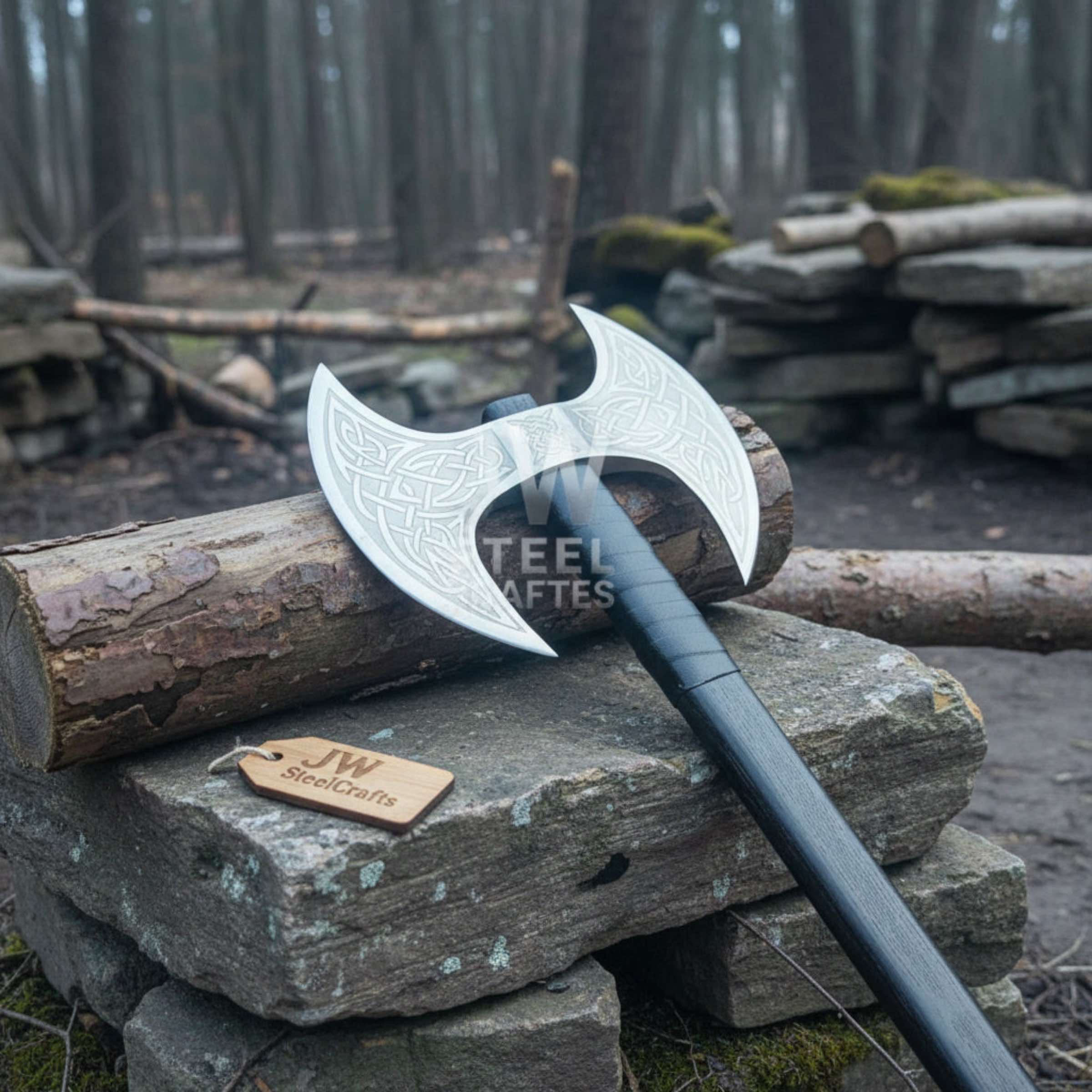Handcrafted Double-Headed Decorative Axe featuring Nordic-style Engravings and Cord-wrapped Grip