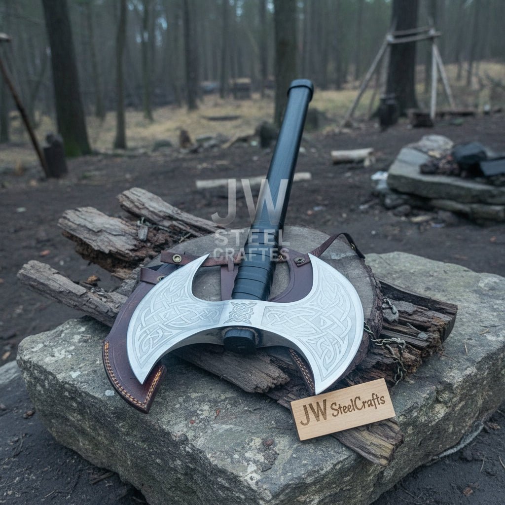 Handcrafted Double-Headed Decorative Axe featuring Nordic-style Engravings and Cord-wrapped Grip