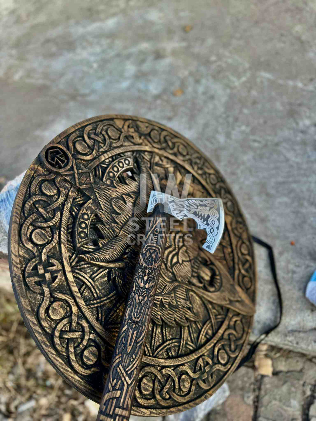 Handcrafted Viking Shield with Matching Engraved Axe – Nordic Art Decor Set