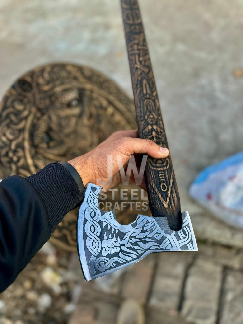 Handcrafted Viking Shield with Matching Engraved Axe – Nordic Art Decor Set