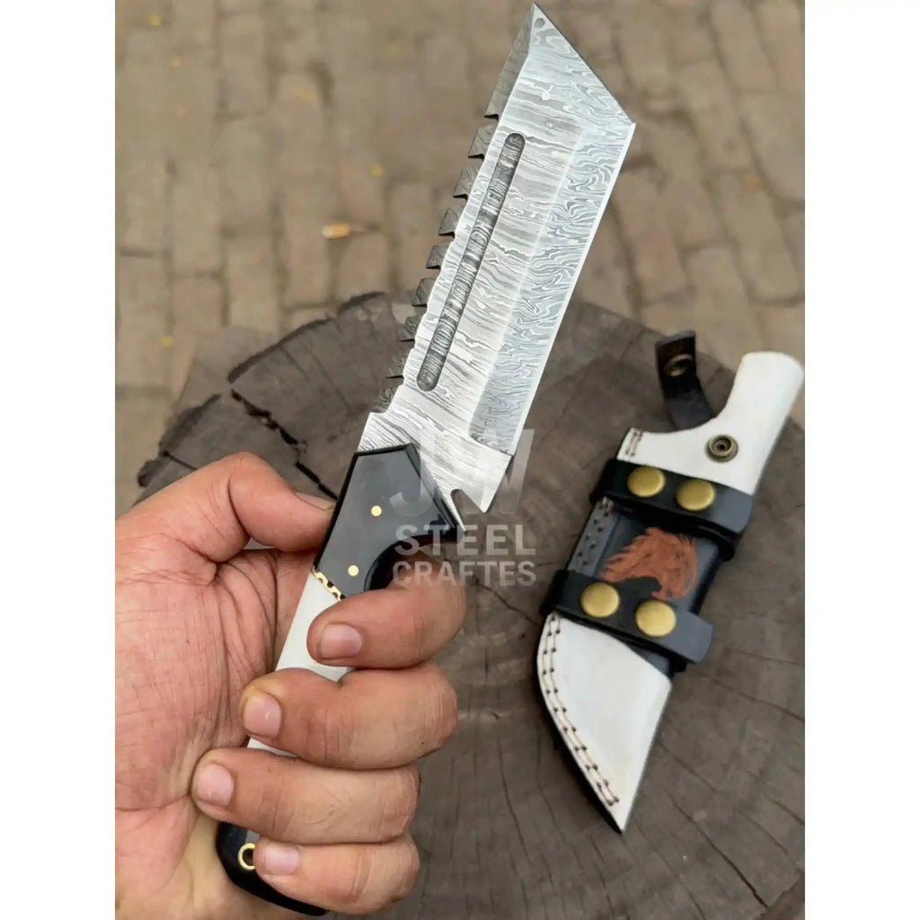 Handmade 10–11 Inch Damascus Tracker Outdoor Utility Knife – Black & White Resin Handle