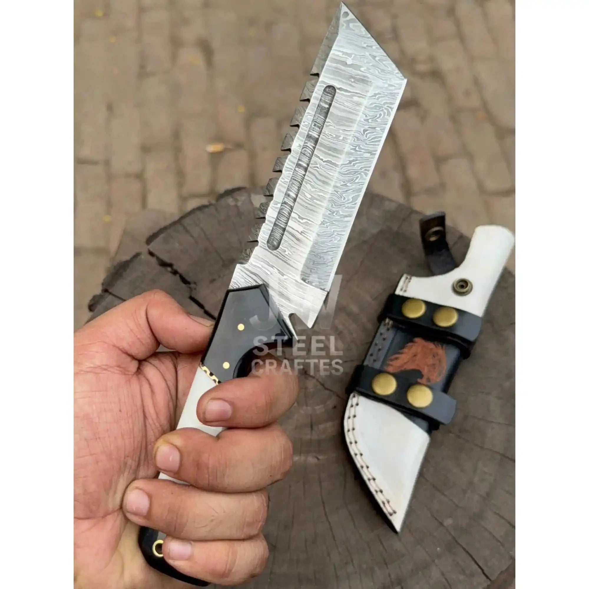 Handmade 10–11 Inch Damascus Tracker Outdoor Utility Knife – Black & White Resin Handle