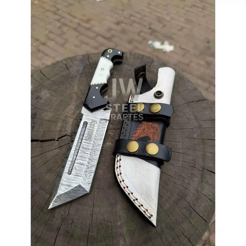 Handmade 10–11 Inch Damascus Tracker Outdoor Utility Knife – Black & White Resin Handle