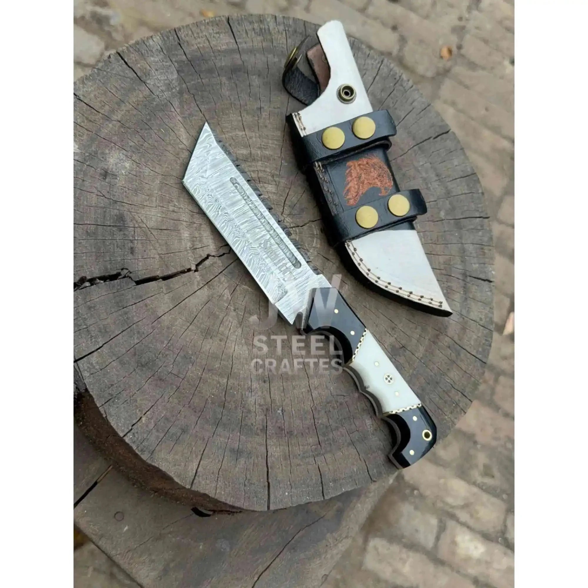 Handmade 10–11 Inch Damascus Tracker Outdoor Utility Knife – Black & White Resin Handle