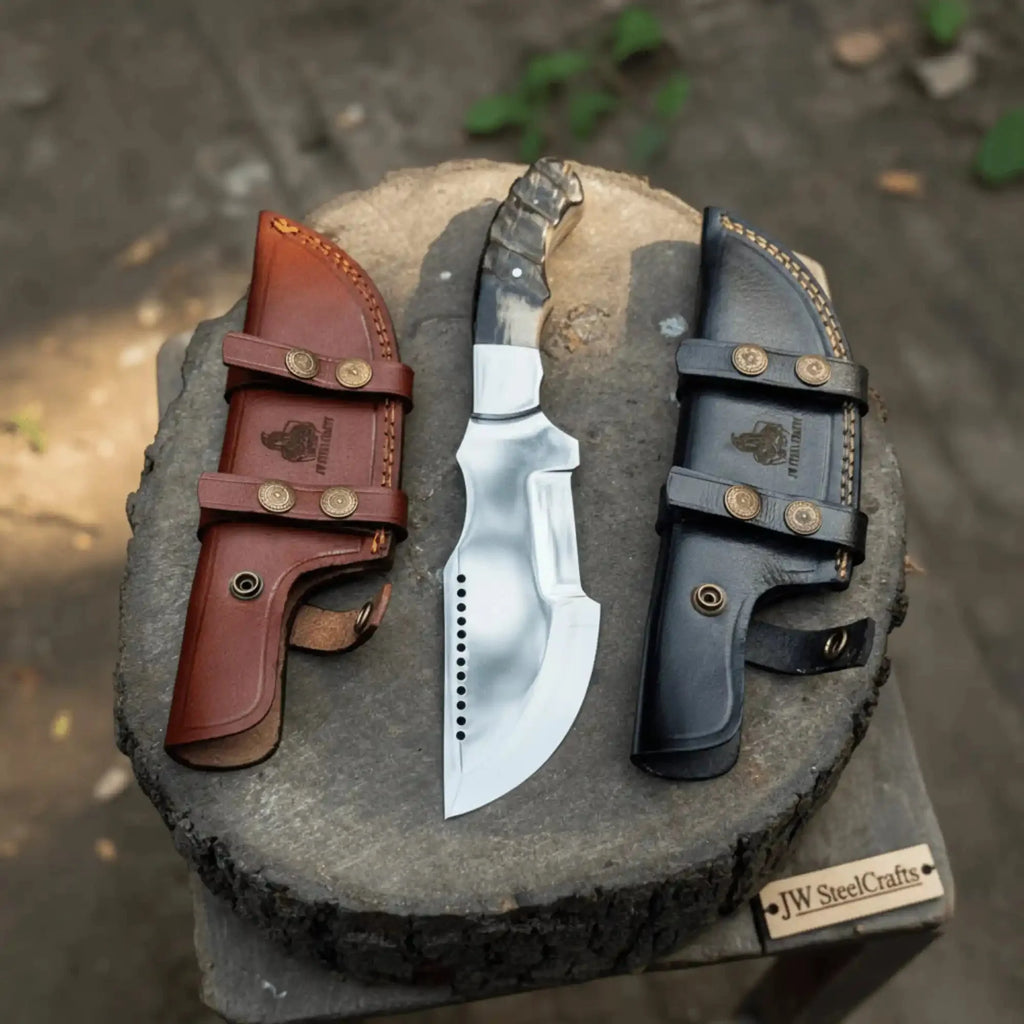 Handmade 10–11 Inch Damascus Tracker Outdoor Utility Knife – Black & White Resin Handle