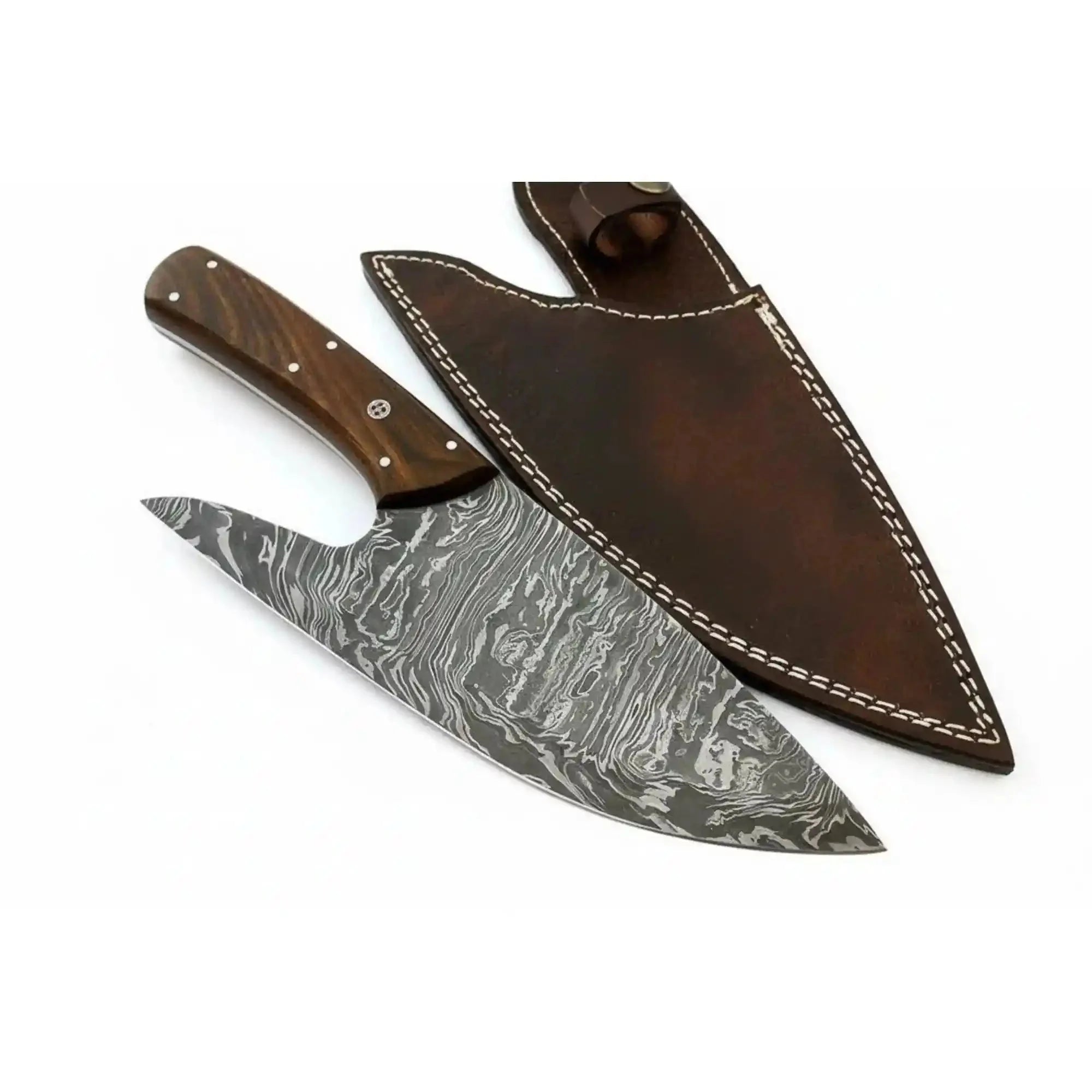 Handmade Camp Utility Knife — Fire Pattern Damascus Steel, Full Tang Rosewood Handle with Steel & Mosaic Pins