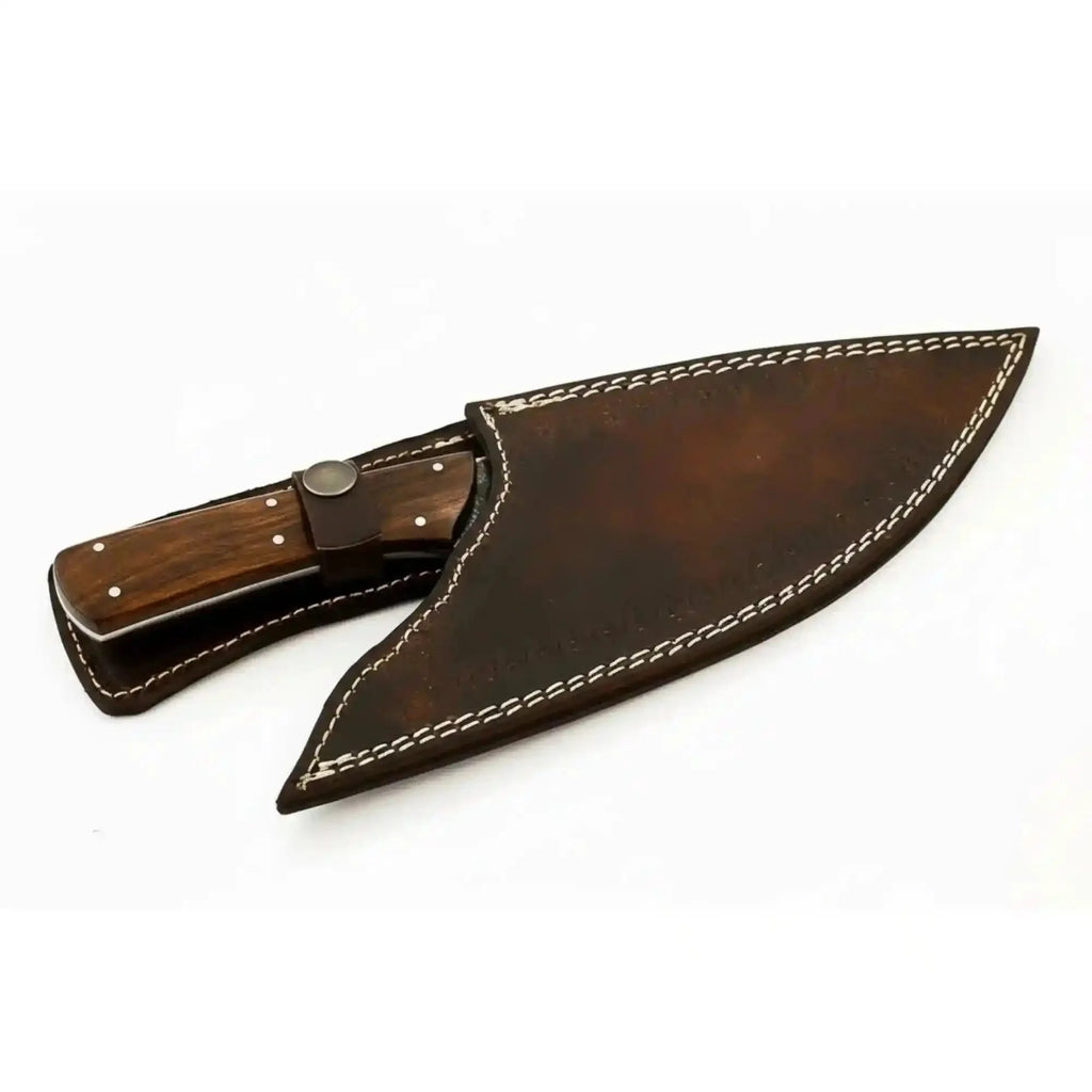Handmade Camp Utility Knife — Fire Pattern Damascus Steel, Full Tang Rosewood Handle with Steel & Mosaic Pins