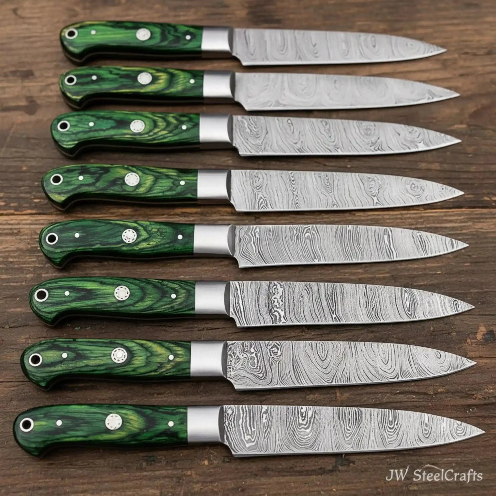 Handmade Chef Knife — Damascus Steel Blade, Full-Tang Construction with Steel Bolster and Green Pakkawood Handle