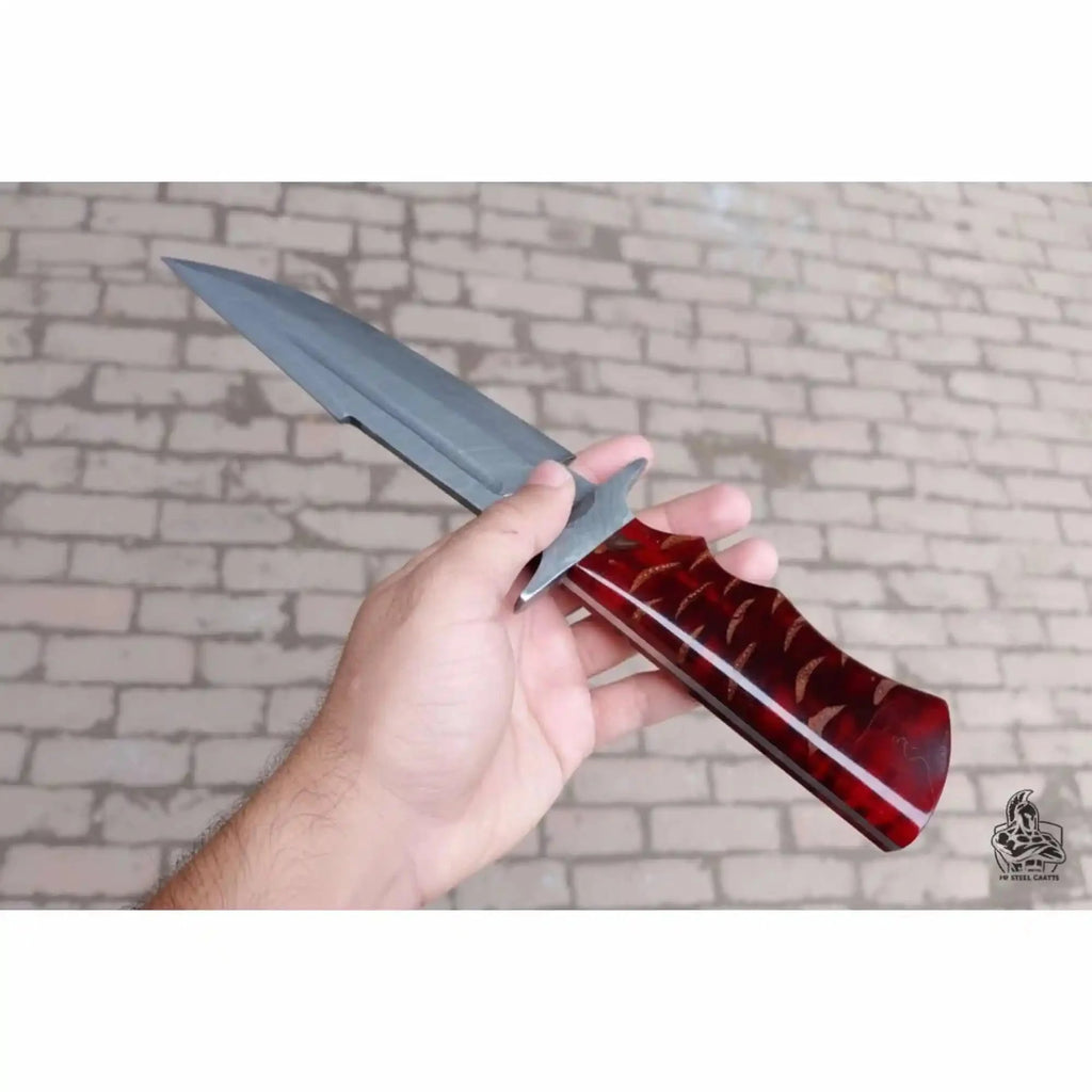 Handmade Coffin Handle Clip Point Bowie Knife Damascus Steel Blade Red Resin Handle Custom Fixed Blade JW SteelCrafts