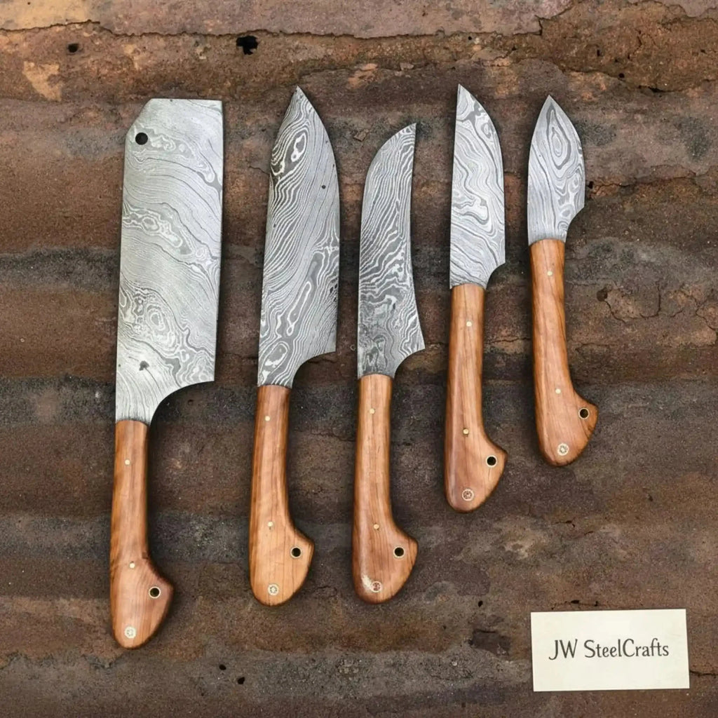 Handmade Damascus 5-Piece Kitchen Knife Set — Cleaver, Chef, Utility, Boning & Paring (Olive Wood Handles, Full Tang)