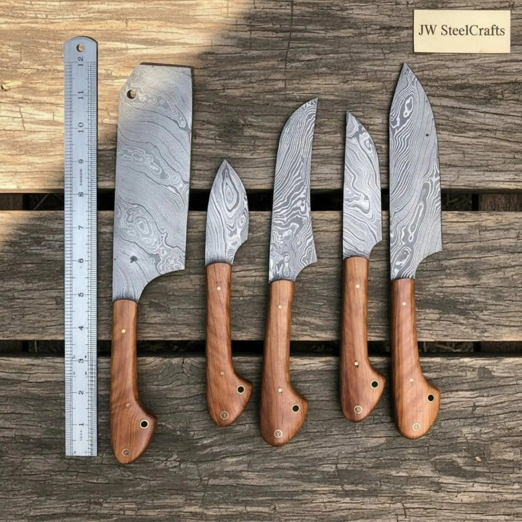Handmade Damascus 5-Piece Kitchen Knife Set — Cleaver, Chef, Utility, Boning & Paring (Olive Wood Handles, Full Tang)