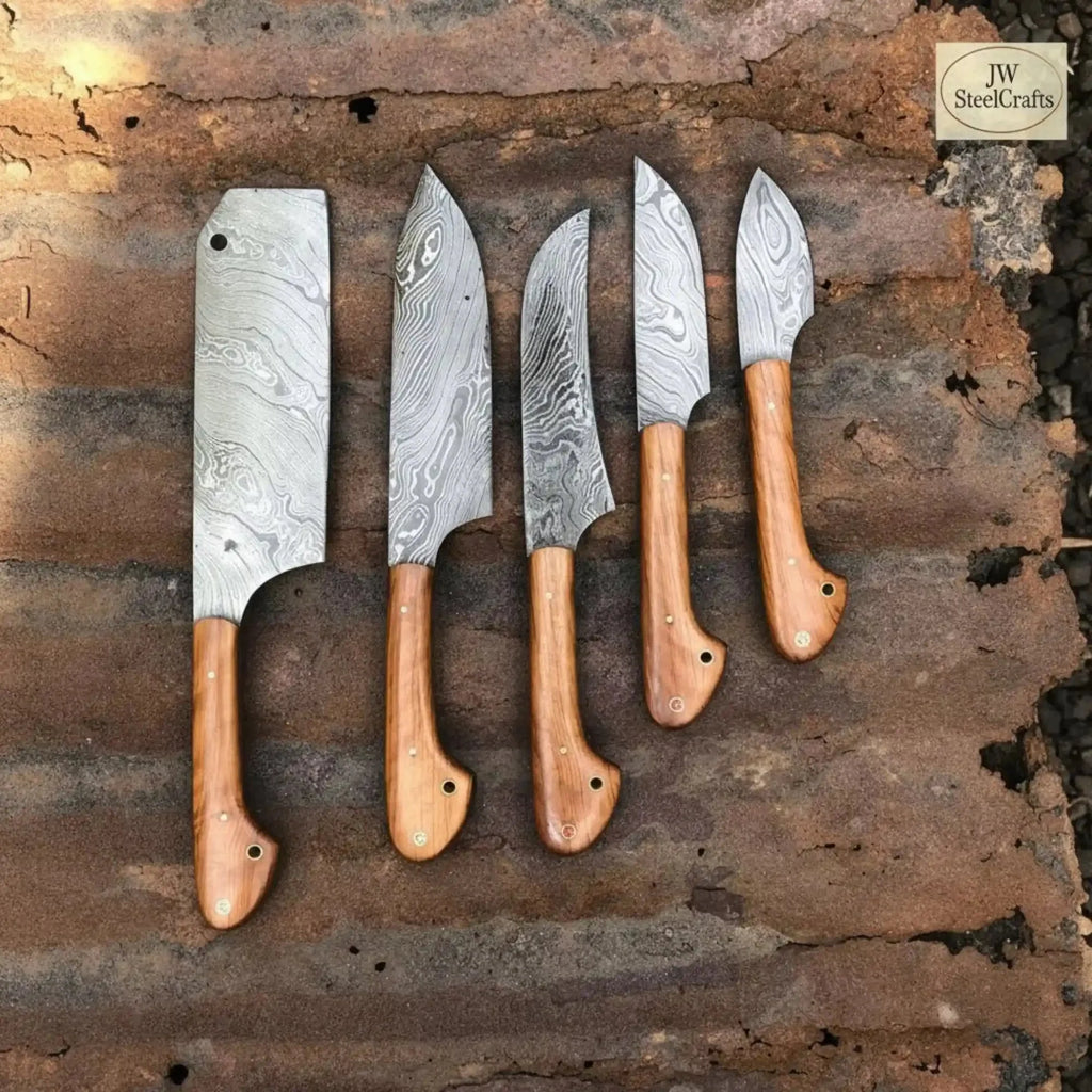 Handmade Damascus 5-Piece Kitchen Knife Set — Cleaver, Chef, Utility, Boning & Paring (Olive Wood Handles, Full Tang)