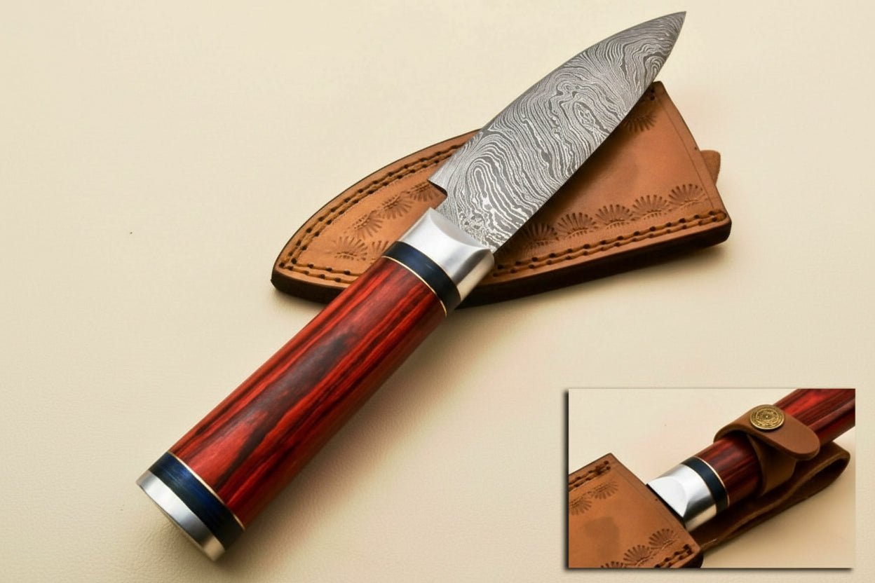 Handmade Damascus Chef Knife 11 Inch Overall, Twisted Pattern Damascus Steel Blade, Red Pakka Wood Handle, Full Tang, Leather Sheath, Custom Kitchen Knife