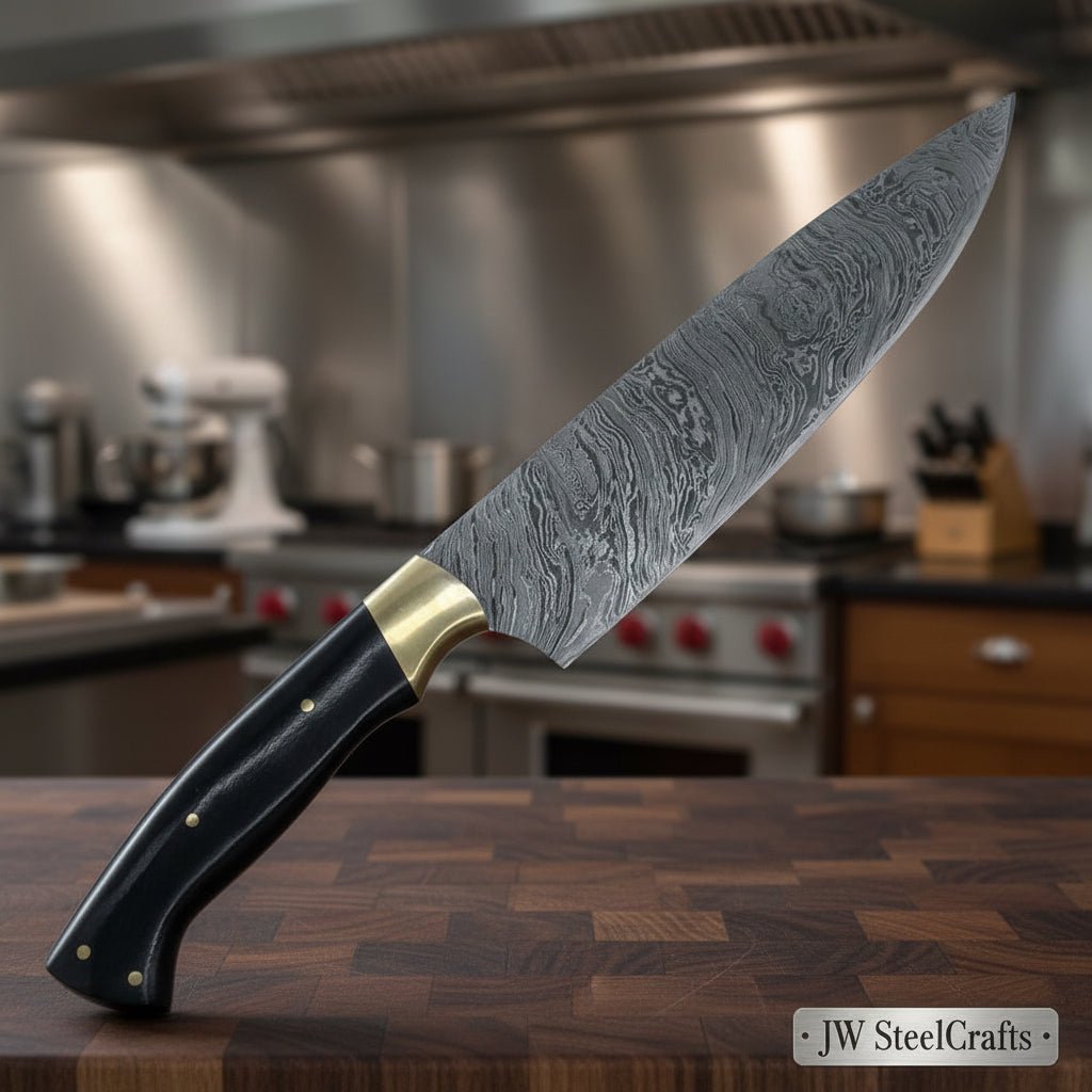 Handmade Damascus Chef Knife, Full Tang Kitchen Knife with Brass Bolster and Black Handle, Forged Damascus Steel Professional Cooking Knife, Premium Culinary Knife Gift