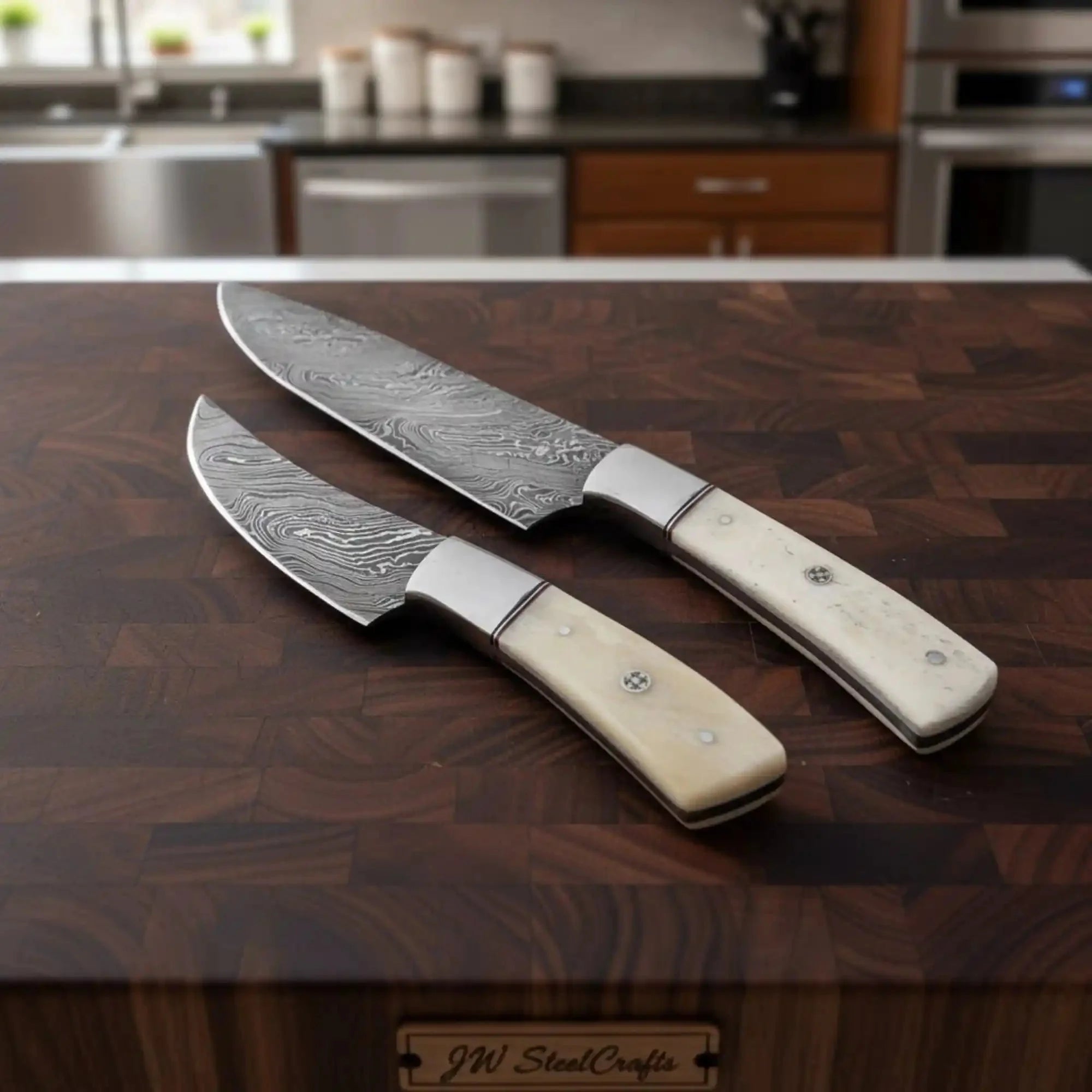 Handmade Damascus Chef Knife Set of 2, Full Tang Kitchen Knives, White Bone Handle with Steel Bolster, Culinary Cooking Knife Pair