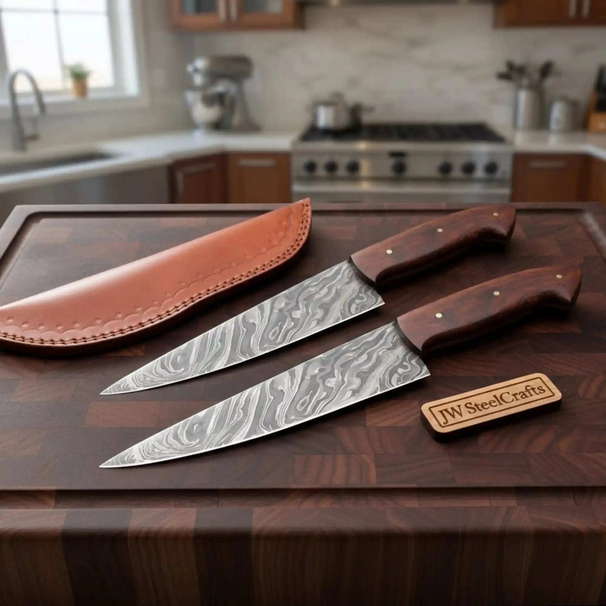 Handmade Damascus Chef Knife Set of 2 with Rosewood Handles, Full Tang Forged Kitchen Knives with Leather Sheaths, Professional Cooking and Meat Cutting Knife Pair