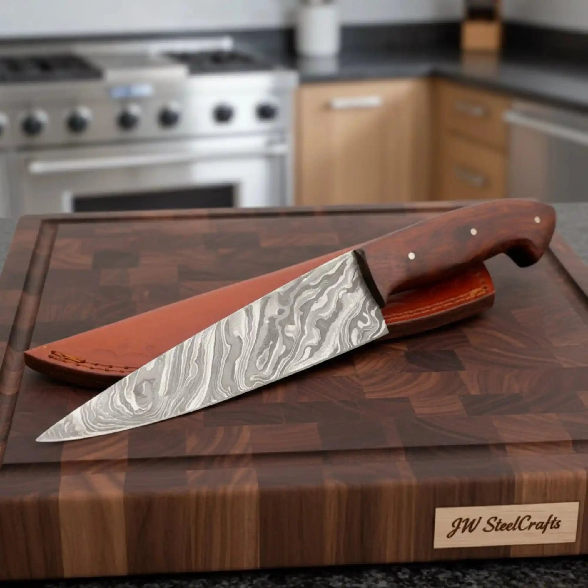 Handmade Damascus Chef Knife Set of 2 with Rosewood Handles, Full Tang Forged Kitchen Knives with Leather Sheaths, Professional Cooking and Meat Cutting Knife Pair