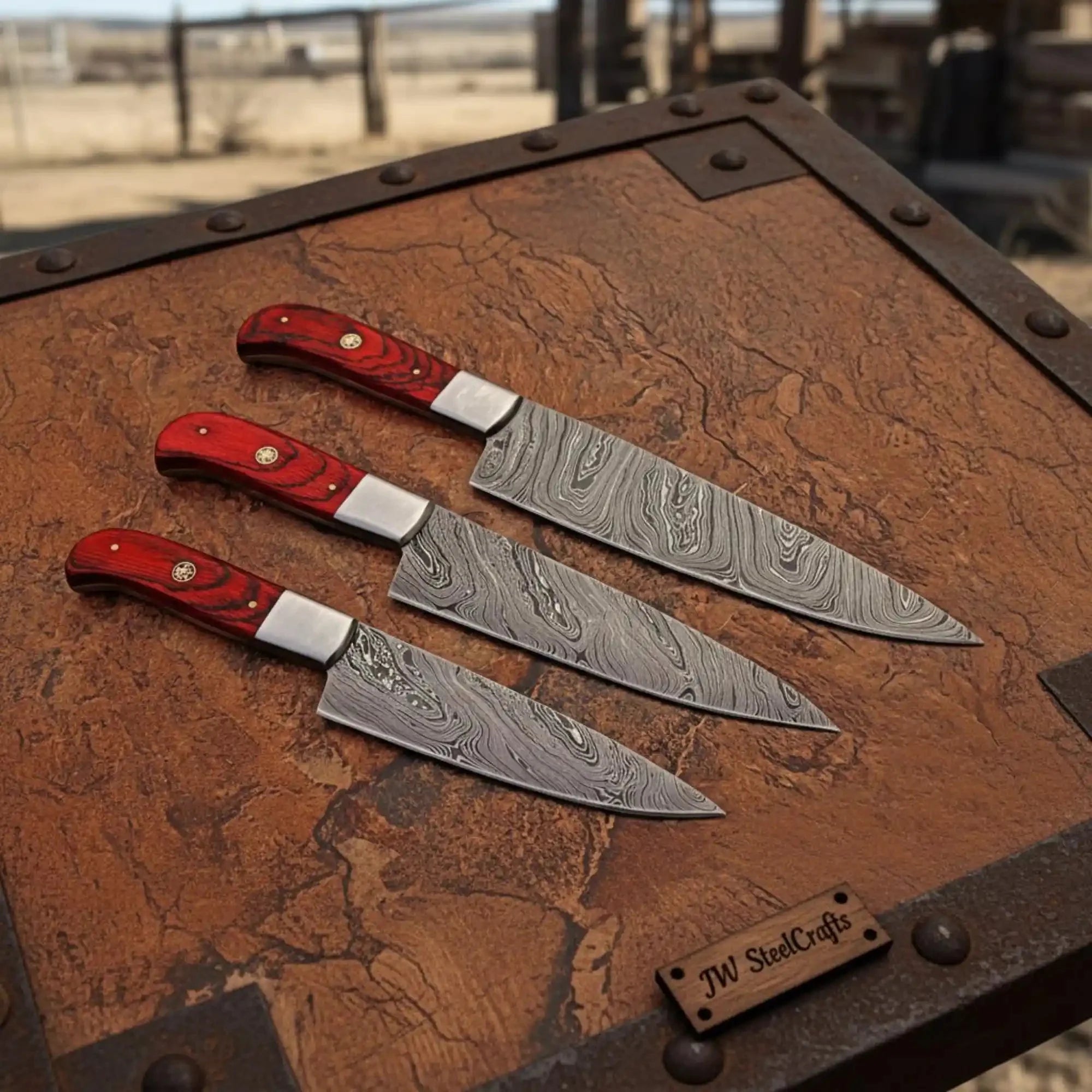 Handmade Damascus Chef Knife Set of 3, Full Tang Kitchen Knives with Red Pakka Wood Handles and Steel Bolsters, Professional Cooking Knife Set