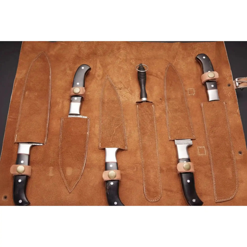 Handmade Damascus Chef Knife Set of 5, Full Tang Kitchen Knife Collection, Black Handle Culinary Knives with Leather Roll and Sharpening Rod